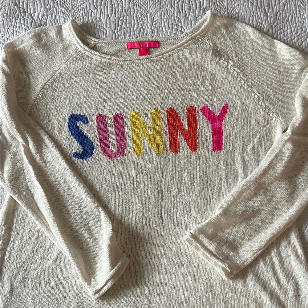 Lilly Pulitzer Cream Knit Sweater SUNNY saying on it in rainbow colors